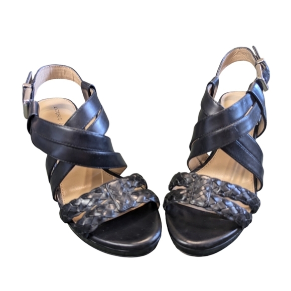 Antonio Melani size 7,  black, leather, four inch heel, braided open toe - Picture 1 of 15